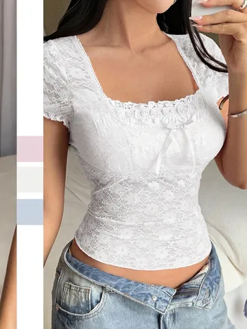Sexy Spitze T-Shirt Für Frauen Y2K Eckiger Ausschnitt Kurzarm Oberteil Mit Spitzenbesatz Und Schleifendekoration Slim Fit Transparent
