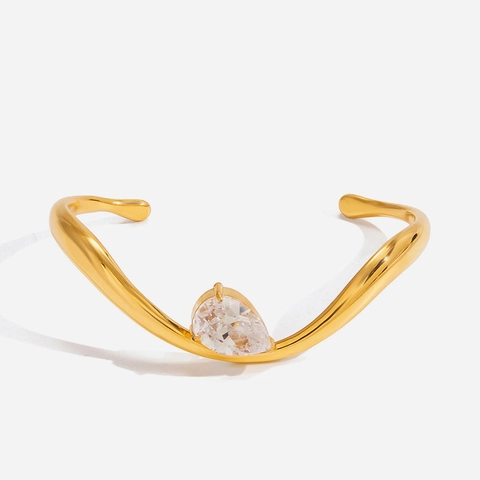Edelstahl Wellen Manschettenarmband Mit Wassertropfen Strass Vergoldet Offener Armreif Minimalistischer Mode Schmuck Für Damen