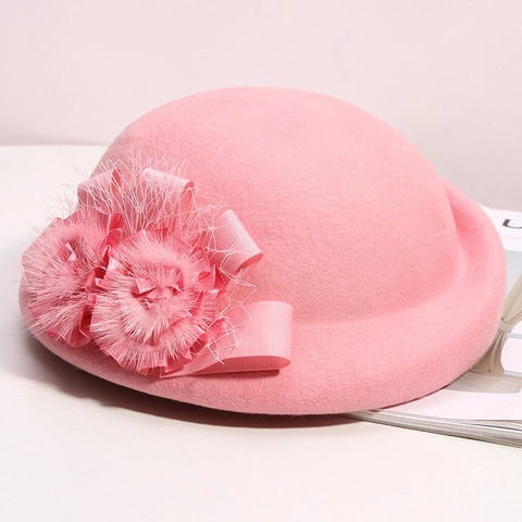 Women Wool Felt Cloche Hat Vintage Elegant Flower Mesh Decor Round Top Fedora Winter Warm For Church Party