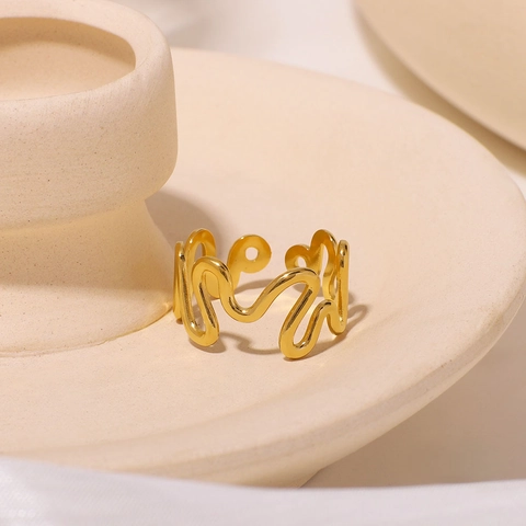 Irregulärer Wellen Offener Ring 18K Vergoldeter Edelstahl Verdrehte Linie Minimalistischer Geometrischer Schmuck