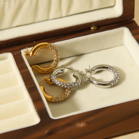 Luxury Stainless Steel Hoop Earrings For Women Pave Rhinestone Geometric Fashion Round Minimalist Daily Party Jewelry Gift