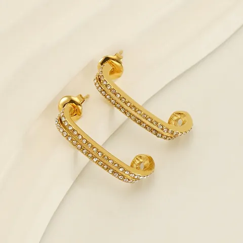 Dubbele Rij Strass Hoop Oorbellen 18K Verguld Roestvrij Staal Geometrische U Vorm Minimalistische Luxe Sieraden Dames
