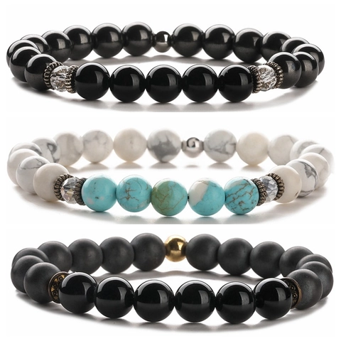 Natural Stone Beaded Bracelet Elastic Handmade Agate Hematite Lava Tiger Eye Retro Compass Anchor Jewelry Men