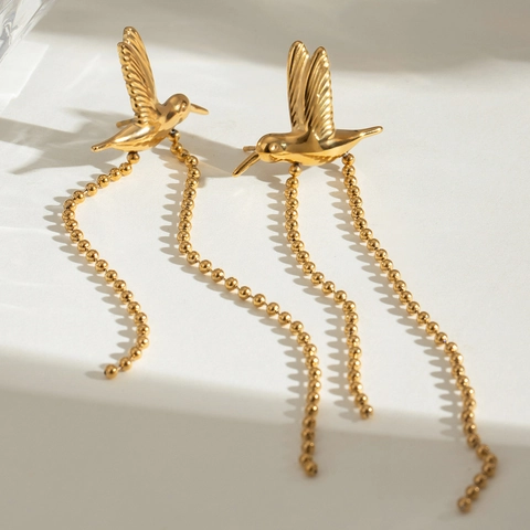 Hummingbird Tassel Earrings Stainless Steel Gold Plated Hypoallergenic Long Dangle Ball Chain Vintage Jewelry For Women