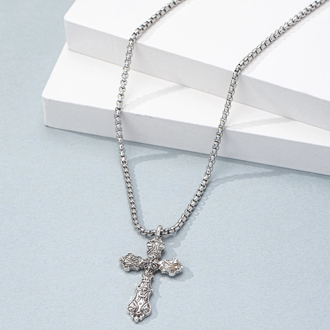 Vintage Cross Pendant Necklace Zinc Alloy Hip Hop Punk Style Jewelry For Men In Ancient Silver Color Box Chain