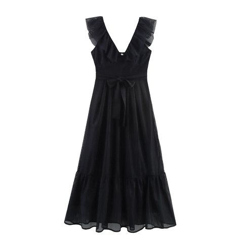Elegantes Damen V-Ausschnitt Netz Maxikleid Mit Rüschen Ärmellos Taillenband Schwarz