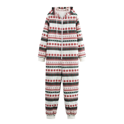 Dames Kerst Rendier Sneeuwvlok Print Jumpsuit Met Capuchon Pyjama Rits Lange Mouwen Feestelijke Loungewear