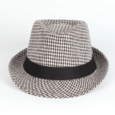 Houndstooth Fedora Hut Vintage Britischer Stil Polyester Baumwolle Jazz Kappe Mit Schwarzem Band Für Herren Damen