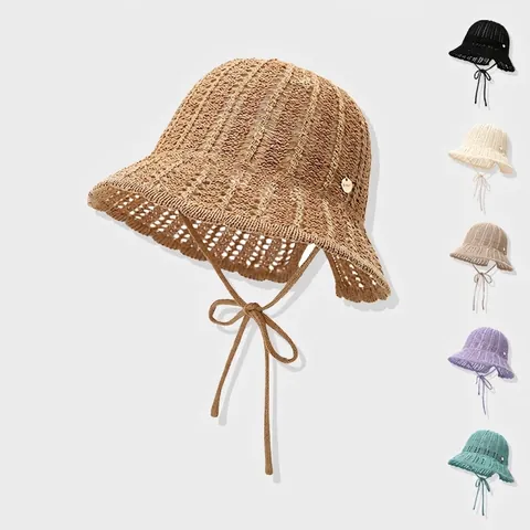 Women Knit Bucket Hat Polyester Cotton Hollow Breathable Wide Brim Sun Protection Adjustable Strap Korean Style