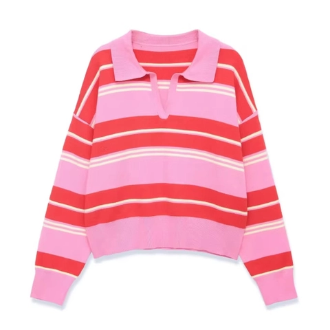Maglione Polo In Maglia A Righe Donna Manica Lunga Scollo A V Risvolto Stile Preppy Casual Poliestere Acrilico Top
