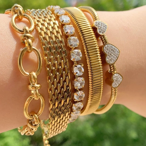 Fashion Bracelet For Women Stainless Steel Cubic Zirconia Heart Charm Snake Chain Woven Mesh Elegant Jewelry Gift