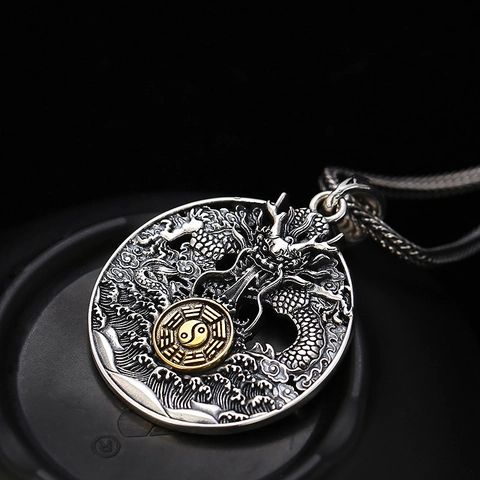 925 Sterling Silver Dragon Pendant Necklace Vintage Thai Silver Tai Chi Bagua Round Medallion Hollow Jewelry For Men Women