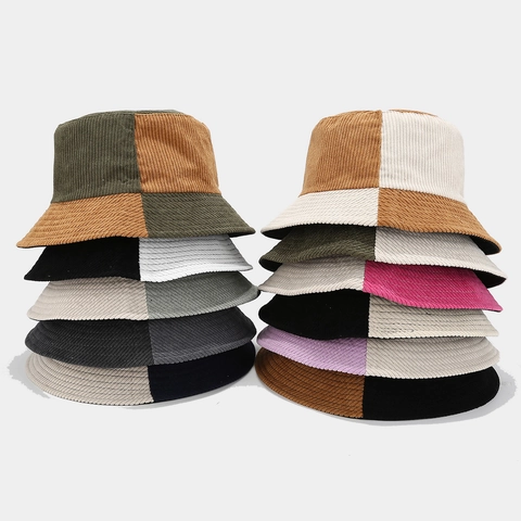 Bucket Hat Retro Corduroy Patchwork Kontrastfarbe Sonnenschutz Lässig Mode Outdoor Beckenhut Für Damen Herren