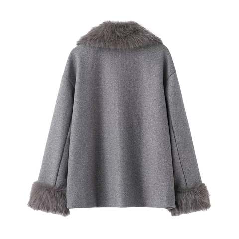 Women Grey Woolen Coat With Faux Fur Collar And Cuffs Short Jacket Solid Color Elegant Warm Autumn Winter Outerwear