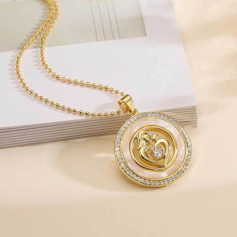 Minimalistische Kupfer Zirkonia Perlmutt Anhänger Halskette Geometrische Herz Runde Mutter und Kind Mode Schmuck Für Damen