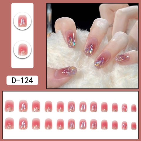Unghie Finte A Pressione Sfumate Rosa Glitter Laser Strass Aurora Eleganti Trapezoidale Unghie Artificiali
