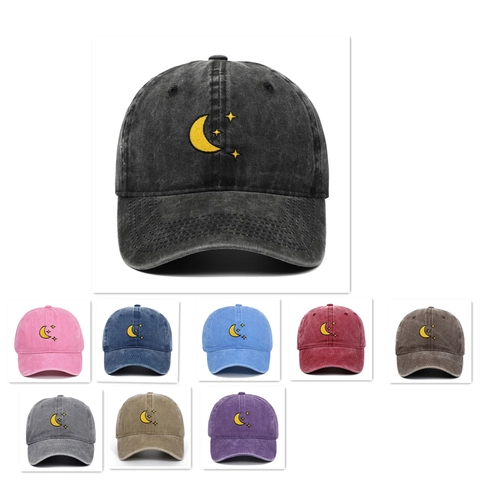Washed Cotton Baseball Cap With Moon And Star Embroidery Vintage Adjustable Outdoor Sun Hat For Men And Women