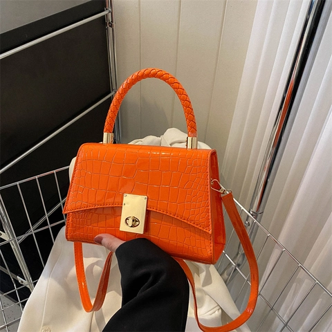 Women Croc Embossed PU Leather Handbag With Braided Handle And Golden Lock Small Crossbody Square Bag