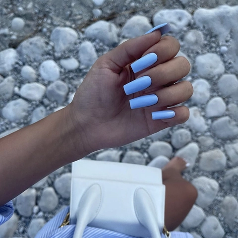 Matte Blue Press On Nails Long Coffin Shape Full Cover Fake Nails With Jelly Glue And Nail File For Women