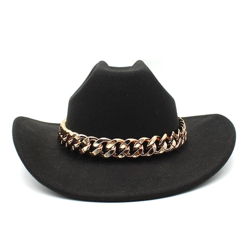 Fedora Hat Wool Felt Wide Brim Western Cowboy With Thick Golden Chain Retro Fashion Unisex Jazz Hat Elegant