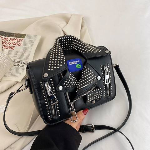 Motorcycle Jacket Shaped Crossbody Bag PU Leather With Rivets And Zippers Punk Style Streetwear Shoulder Bag For Women