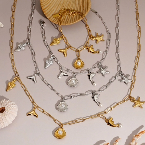 Set Di Gioielli A Tema Oceano Acciaio Inossidabile Conchiglia Stella Marina Delfino Perla Artificial Collana Bracciale Cavigliera