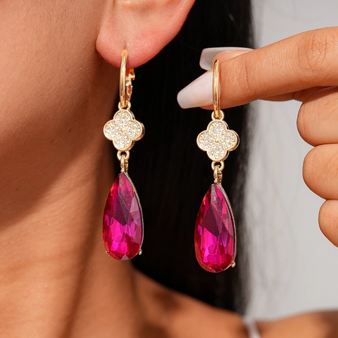 Orecchini Pendenti Vintage Fuchsia Goccia Lega Strass Trifoglio Con Perno In Argento Per Donna Moda