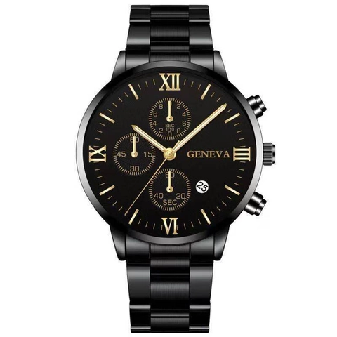 Men's Quartz Watch Business Large Dial Stainless Steel Strap Calendar Roman Numerals Alloy Case Casual Formal