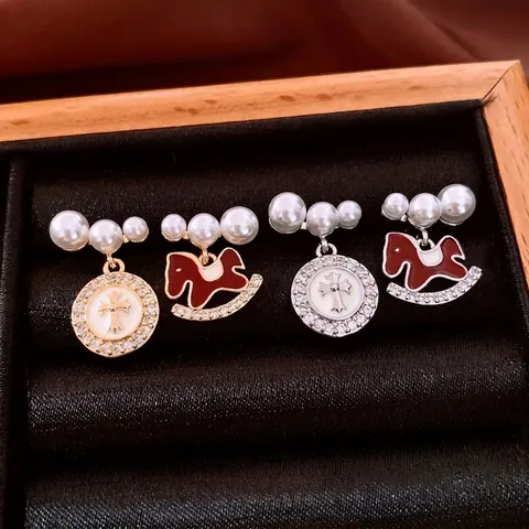 Asymmetrical Red Enamel Rocking Horse Cross Artificial Pearl Earrings With 925 Sterling Silver Earring Post Zirconia Vintage Jewelry