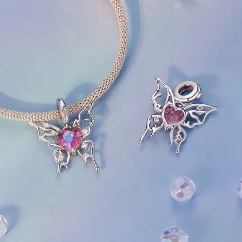 Charm Farfalla Argento Sterling 925 Con Zircone Cuore Rosa Design Cavo Creazione Di Gioielli DIY Per Donne