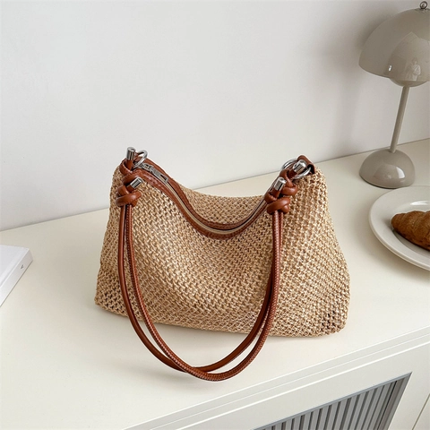Woven Straw Hobo Bag For Women With PU Leather Knot Handle Large Capacity Summer Vacation Shoulder Handbag
