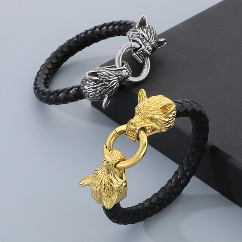 Men Braided Leather Bracelet With Stainless Steel Lion Wolf Skull Head Charm Punk Viking Retro Goth Jewelry
