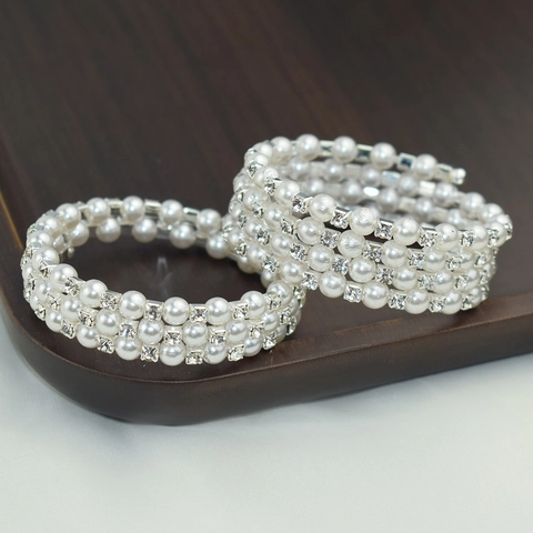 Multi Layer Artificial Pearl Rhinestone Wrap Bracelet Elegant Open Cuff Bangle For Women Fashion Jewelry