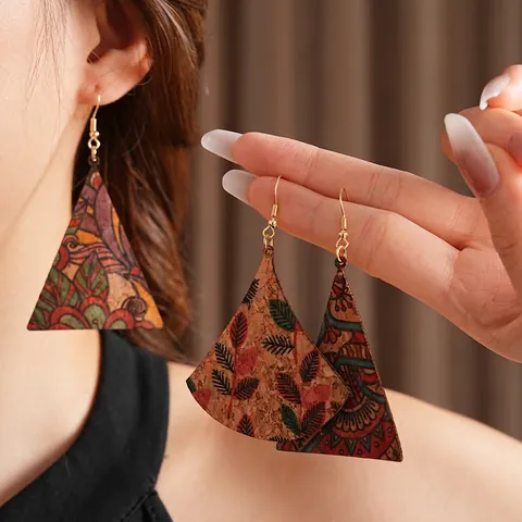 Bohemian Drop Earrings Vintage Ethnic Geometric Printed Cork Jewelry With 925 Sterling Silver Earring Post For Women