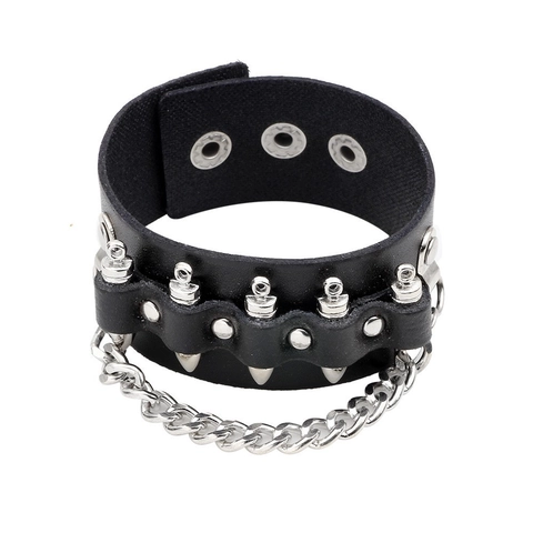Pulsera De Cuero Ancha Punk Rock Para Hombre Con Remaches De Balas De Aleación Y Cadena De Metal Ajustable Gótica