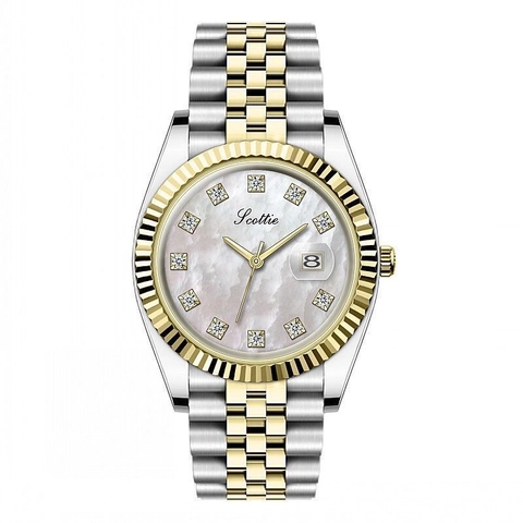 Reloj Cuarzo Elegante Para Mujer Pulsera Jubilee De Acero Inoxidable Bisel Estriado Marcadores Rhinestone Impermeable Fecha Analógico