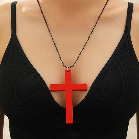Retro Gothic Wood Cross Pendant Necklace With Faith Lettering For Men Women Vintage Halloween Dark Style Sweater Chain