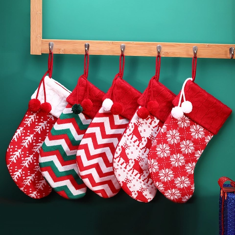 Christmas Stockings Knitted Snowflake Reindeer Patterns With Pompoms Hanging Loop Holiday Party Decor Gift Bags