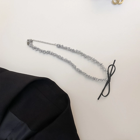Elegant Black Bow Hair Clip Scrunchies And Bead Choker Necklace Set Rhinestone Alloy Hair Accessories For Women Party Jewelry