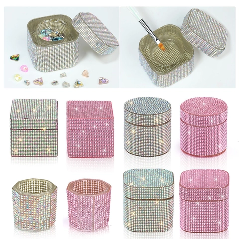 Rhinestone Nail Art Dappen Dish Glas Kristallbecher Für Monomer Flüssigkeit Reinigung Mit Deckel Funkelnd Luxus