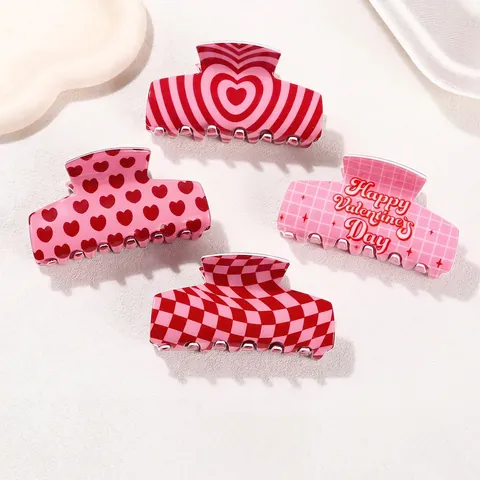 Valentine Herz Muster Haarklammern Acryl Große Haarkrebs Rutschfest Karo Haaraccessoires Für Frauen