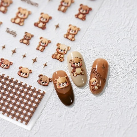 3D Embossed Nail Stickers Brown Teddy Bear Cartoon Relief Self Adhesive Decals For DIY Manicure Art Decoration Accessories