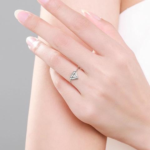 925 Sterling Silver Ring Geometric Diamond Shape Cubic Zirconia Adjustable Pull Chain Minimalist Jewelry For Women