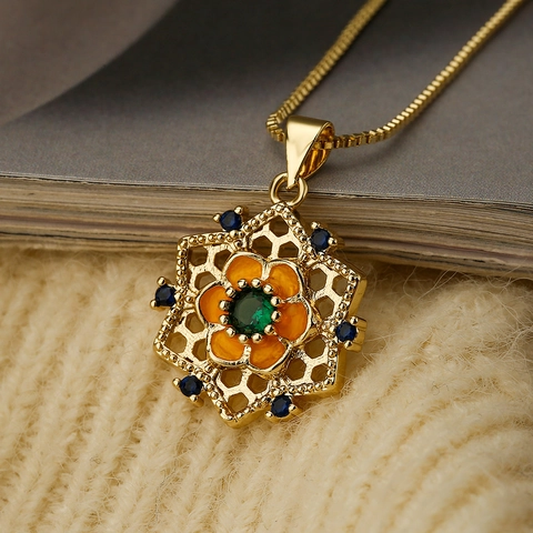 Sonnenblume Anhänger Halskette Kupfer Zirkon Bunte Edelstein Schneeflocke Hohl Licht Luxus Mode Schlüsselbein Kette Damen