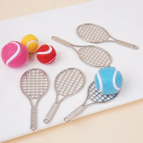 Miniature Tennis Racket And Ball Alloy Metal Sports Keychain Accessory For School Bag Decor Dollhouse Realistic Tiny Toy