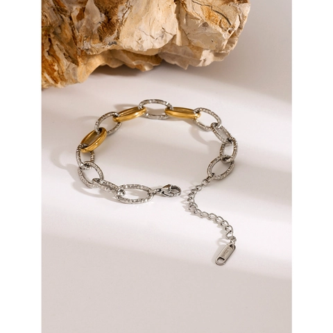 Bracelet Bicolore En Acier Inoxydable Plaqué Or 18K Texture Martelée Chaîne À Maillons Bijoux Réglables Pour Femmes