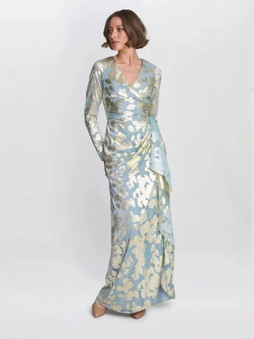 Elegante Abito Lungo Con Scollo A V Jacquard Dorato Poliestere Spacco Laterale Vita Alta Festa Sera Cocktail Manica Lunga