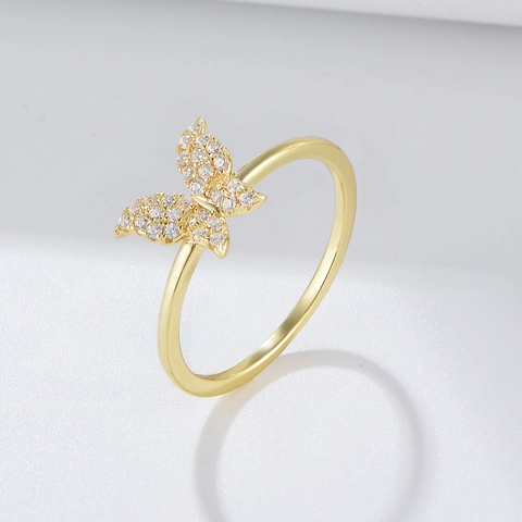 S925 Sterling Silver Butterfly Ring For Women Gold Plated Rhinestone Inlaid Minimalist Fashion Finger Ring Jewelry Gift