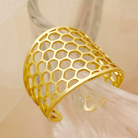 Minimalistische Roestvrijstalen Brede Open Ring Voor Dames Verguld Honingraat Hol Ruitjespatroon Verstelbare Mode Vingerring Sieraden