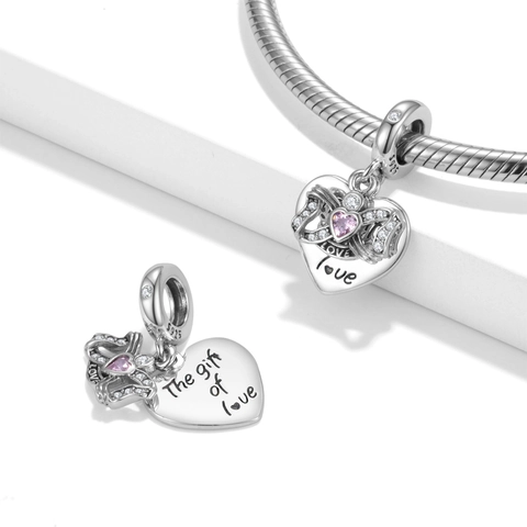925 Sterling Silver Heart Charm Pendant With Pink Zirconia Bow Gift Of Love DIY Jewelry Accessories For Bracelet Necklace